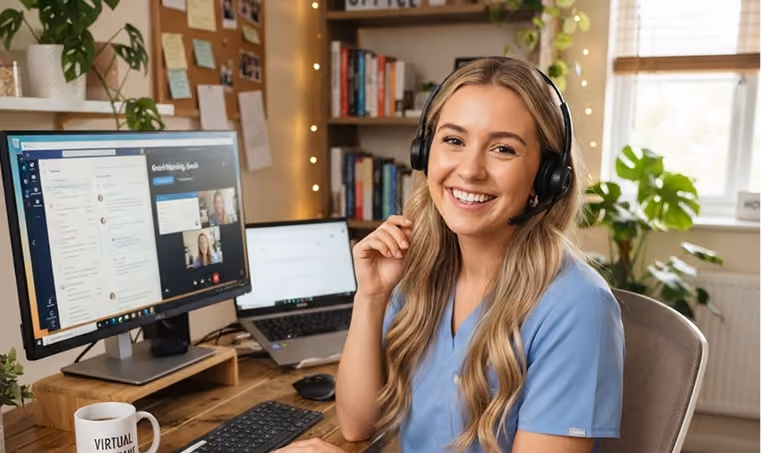 Smiling woman with headset sitting at desk with computer screens and coffee mug labeled 'Virtual'.