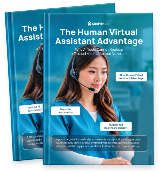 Book cover titled The Human Virtual Assistant Advantage with an image of a woman wearing a headset.