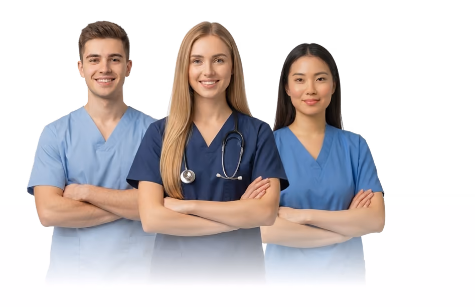 Three healthcare professionals smiling with arms crossed, including a male nurse with a stethoscope and two female colleagues in medical attire.
