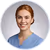 Smiling woman with red hair wearing blue medical scrubs against a light gray background.