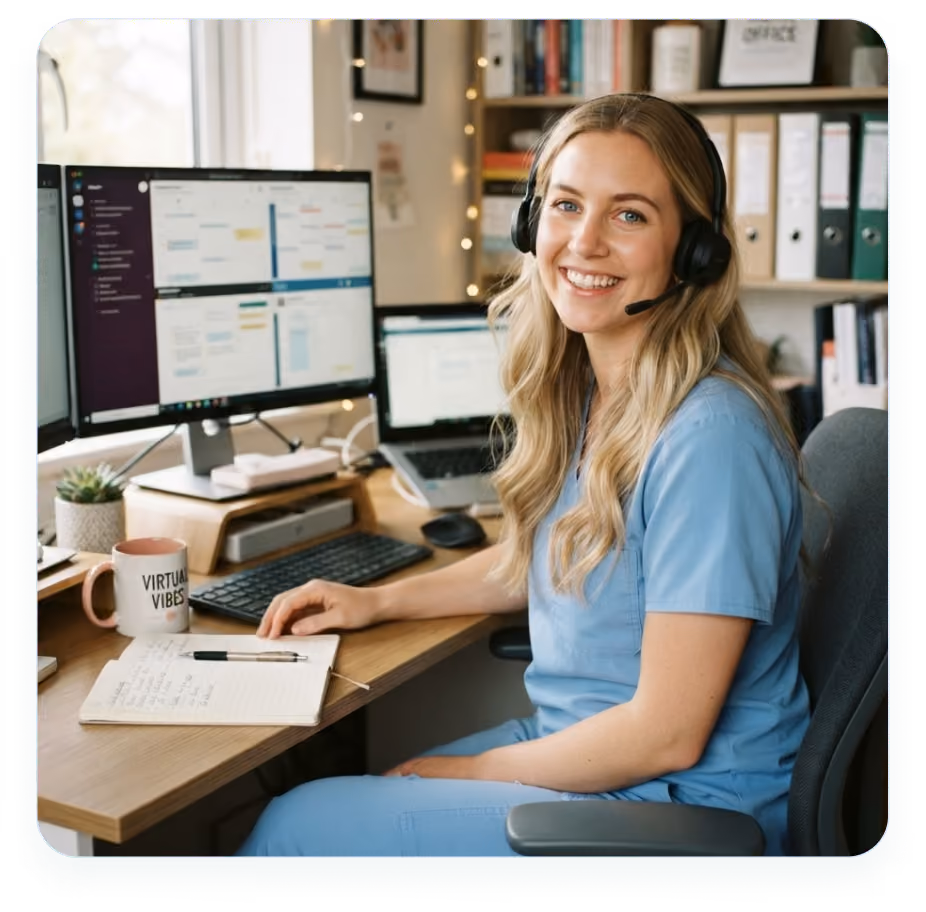 Smiling woman in blue scrubs with headset sitting at desk with computer monitors and notebook.