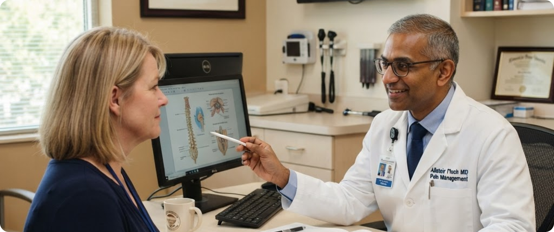 Doctor in white coat explains spine anatomy to a female patient using a computer diagram.