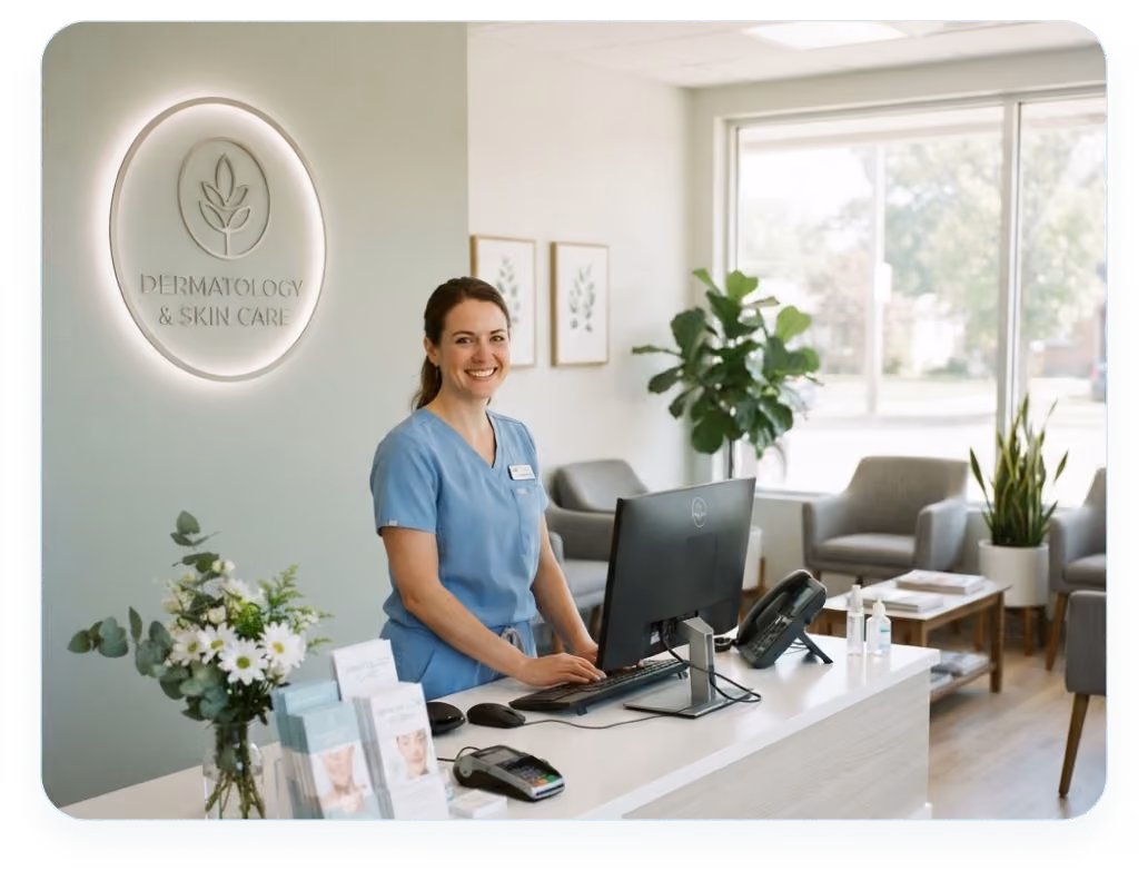 Smiling receptionist in blue scrubs at dermatology clinic front desk with computer and plants in background.