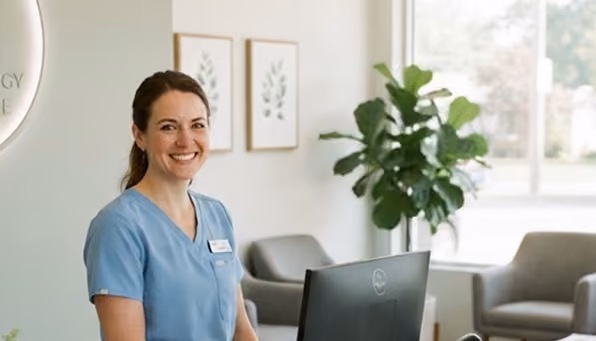 Smiling woman with headset at desk using computer in a cozy, well-lit home office.