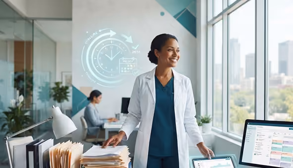 Smiling doctor in white coat standing in bright office with digital clock graphic and coworkers.