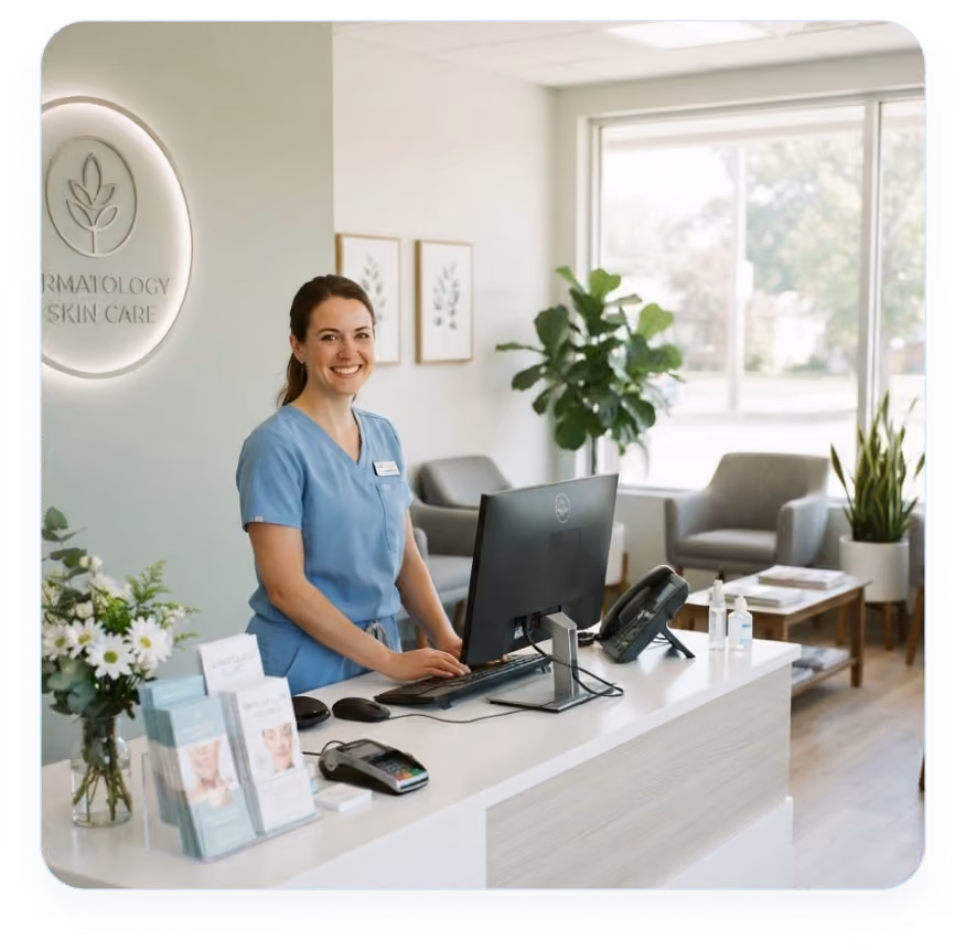 Smiling receptionist in blue scrubs at dermatology skincare clinic front desk with computer and brochures.
