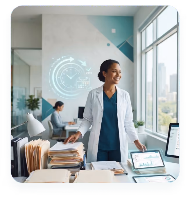 Smiling female doctor in white coat with digital data graphics and files in bright office with large windows.