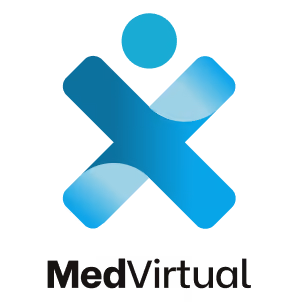 MedVirtual logo with stylized human figure in blue above black text MedVirtual.
