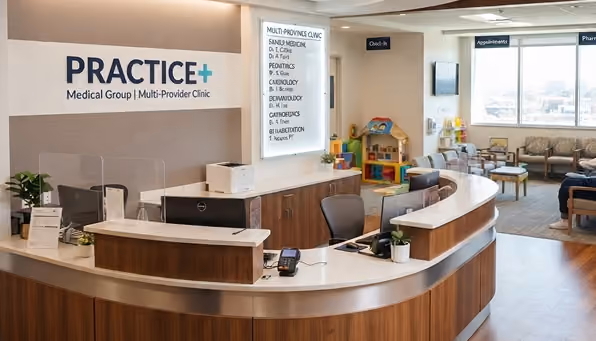 Modern medical reception with curved desk, computers, chairs, play area, and waiting room with windows.