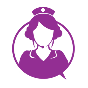 Purple nurse icon with headset inside a speech bubble outline.