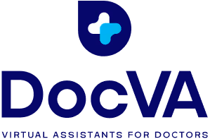 DocVA logo with a stylized D and plus sign, text reads Virtual Assistants for Doctors.