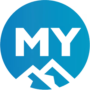 Blue circle with the black letters MY and a stylized mountain shape at the bottom.