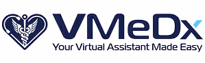 VMeDX logo with a heart-shaped medical symbol and tagline Your Virtual Assistant Made Easy