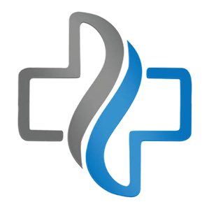 Medical cross symbol with gray and blue stylized flame shapes in the center.
