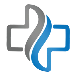 Medical cross symbol with gray and blue stylized flame shapes in the center.