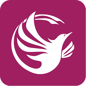 White stylized phoenix bird in flight on a magenta rounded square background.