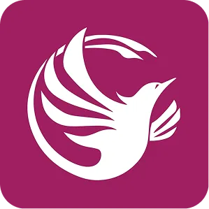 White stylized phoenix bird in flight on a magenta rounded square background.