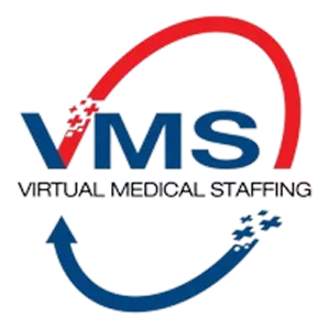 Logo with the letters VMS in blue, a red curved arrow above starting from the letter V fading into squares, and a blue curved arrow below ending in squares, with the text 'VIRTUAL MEDICAL STAFFING' beneath.