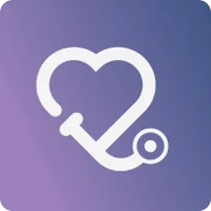 White stethoscope icon shaped like a heart on a purple to dark blue gradient square background with rounded corners.