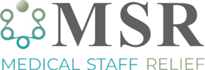 Logo for Medical Staff Relief with the acronym MSR in large letters and the full name below, accompanied by a circular graphic of five connected dots.