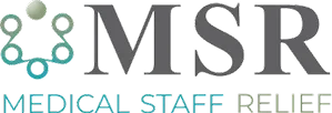 Logo for Medical Staff Relief with the acronym MSR in large letters and the full name below, accompanied by a circular graphic of five connected dots.
