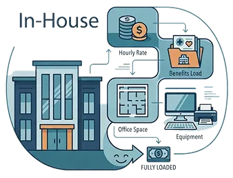 Illustration showing an office building labeled 'In-House' connected by arrows to icons representing a money stack labeled 'Billing,' a file folder labeled 'Benefits Load,' a computer labeled 'Administration,' and a cash icon, depicting internal office workflow.