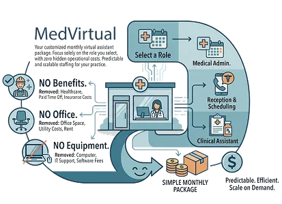 Infographic showing MedVirtual's virtual medical assistant service workflow with no patients, no calling, no queues; a user selects a role—Medical Admin., Reception & Scheduling, or Clinical Assistant—before connecting remotely on a screen; the process leads to savings on staff and costs.