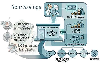 Infographic showing a Cost Reduction Center machine processing savings by removing benefits, office, and equipment expenses resulting in monthly and annual savings difference and savings percentage.