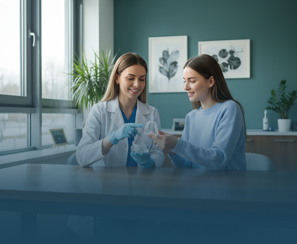 A female dentist wearing a white coat and gloves shows a clear dental aligner to a smiling female patient seated at a desk in a modern dental office.