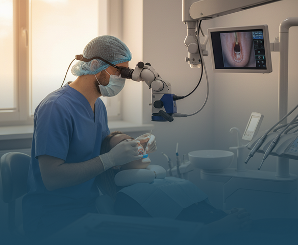 Dentist wearing surgical cap, mask, and gloves examines a patient’s mouth using a dental microscope in a modern clinic, with a monitor displaying a close-up of the inside of the mouth.