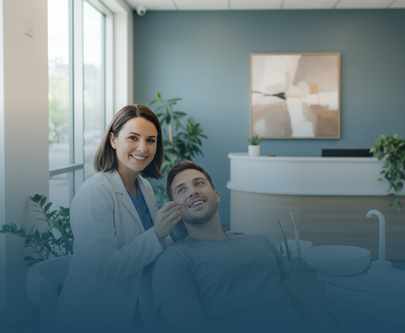 Smiling female dentist in white coat holding a dental mirror near a male patient seated in a dental chair, inside a modern dental office with plants and artwork on the wall.
