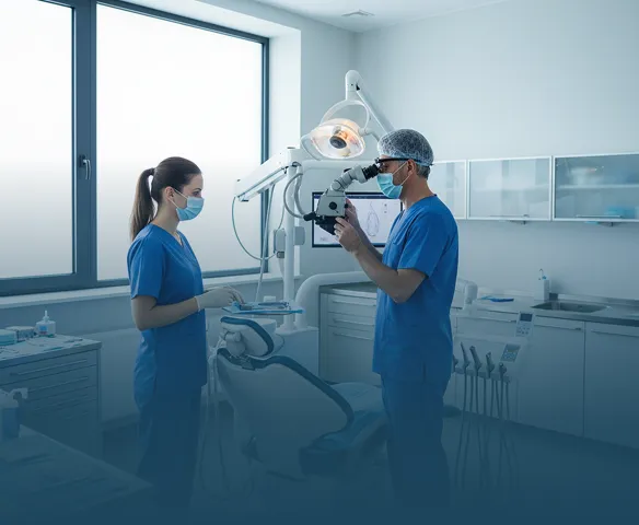 Two dental professionals wearing blue scrubs, gloves, masks, and hair coverings are in a bright dental office; one is looking through a dental microscope near the dentist chair, while the other is preparing tools on a tray.