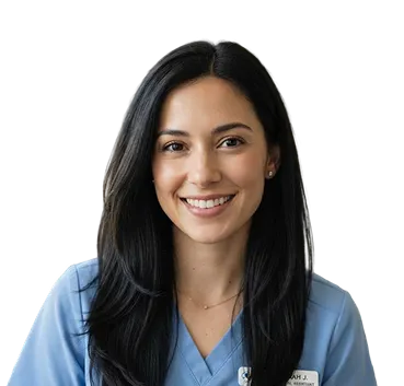 Smiling woman with red hair wearing tortoiseshell glasses and light blue medical scrubs with a name badge.