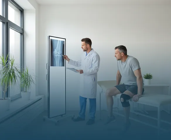 A doctor in a white coat points at a knee X-ray on a digital screen while explaining to a man wearing a knee brace sitting on an examination table in a medical office.