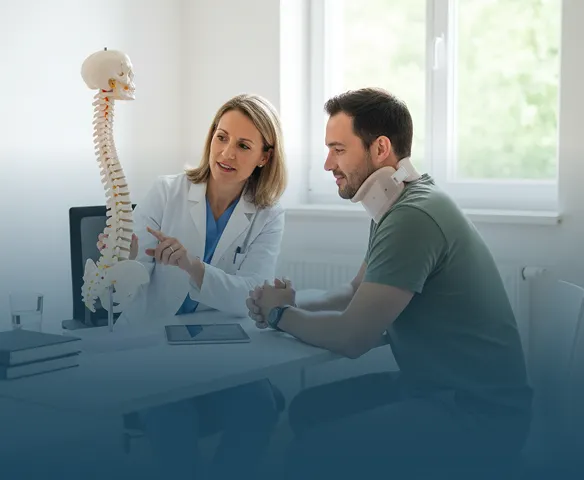 A female doctor in a white coat explaining the human spine using a spine model to a man wearing a neck brace in a bright medical office.