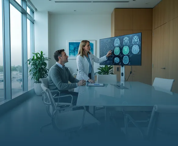 A female doctor in a white coat pointing at brain scan images on a screen while discussing with a male colleague seated at a conference table in a modern office.
