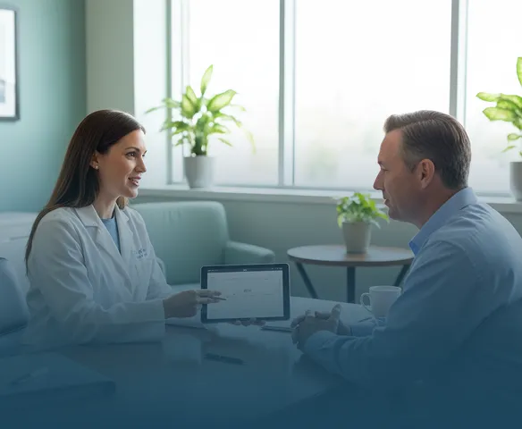 A female doctor in a white coat shows a tablet screen to a male patient sitting across the desk in a bright office with potted plants and large windows.