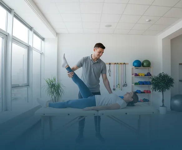 Physical therapist assisting a woman lying on a treatment table by lifting and stretching her leg in a bright clinic room with exercise equipment.