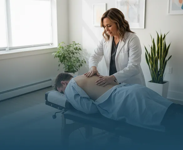 A woman in a white coat performing a back massage on a man lying face down on a treatment table in a bright, plant-decorated room.