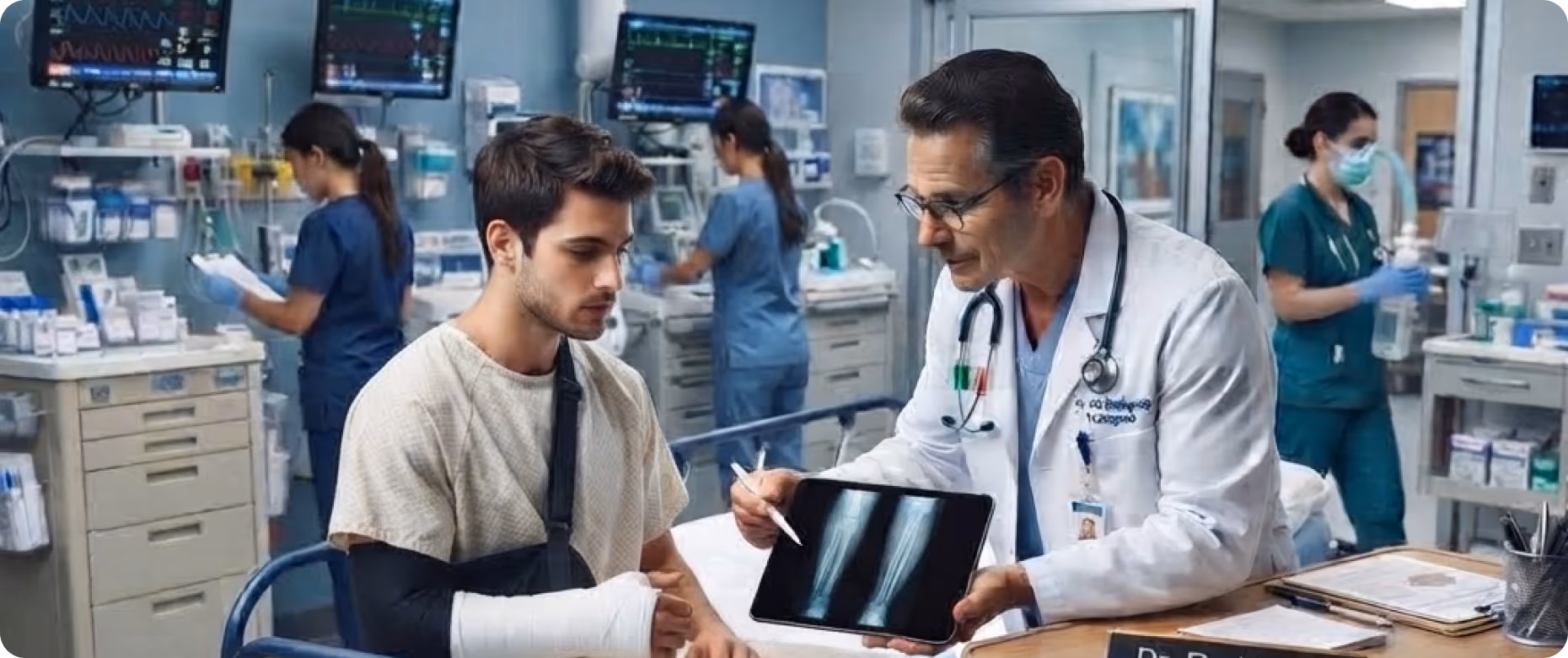 Doctor with stethoscope shows a patient's casted arm X-ray on a tablet while the patient listens in a medical examination room with nurses working in the background.