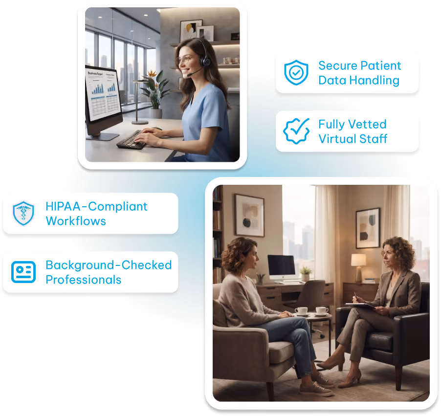 Collage showing two scenes: a woman with headset working on a computer displaying a business report, and a therapy session with a woman talking to a therapist in an office. Prominent blue text boxes list features: Secure Patient Data Handling, Fully Vetted Virtual Staff, HIPAA-Compliant Workflows, and Background-Checked Professionals.