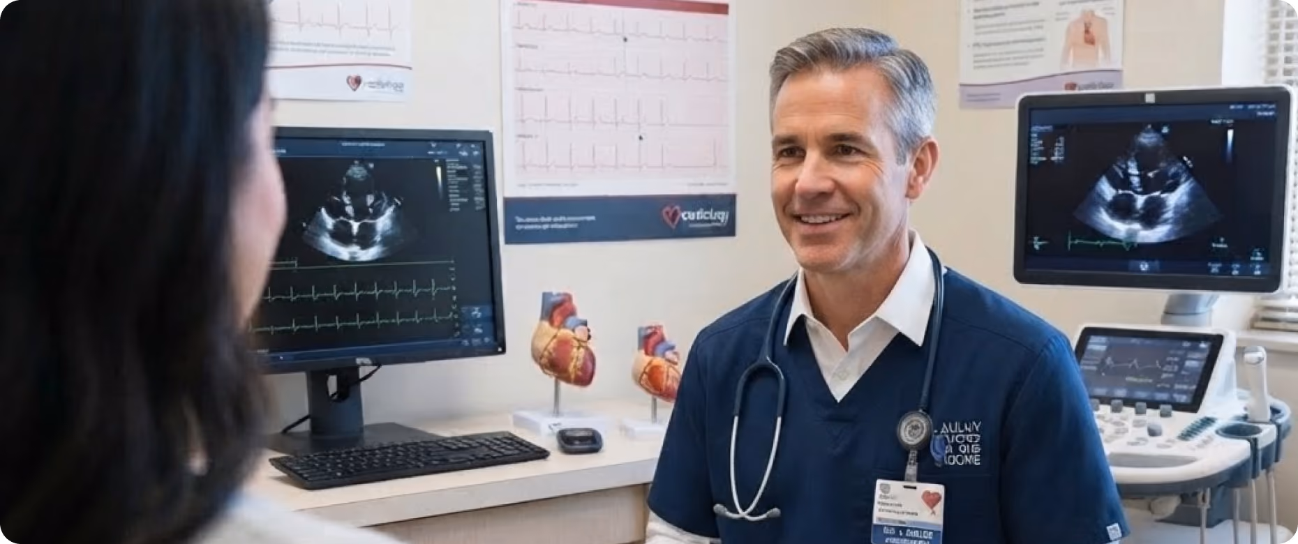 Cardiologist in navy scrubs with stethoscope consults patient in an exam room with heart models and ultrasound heart images on monitors.