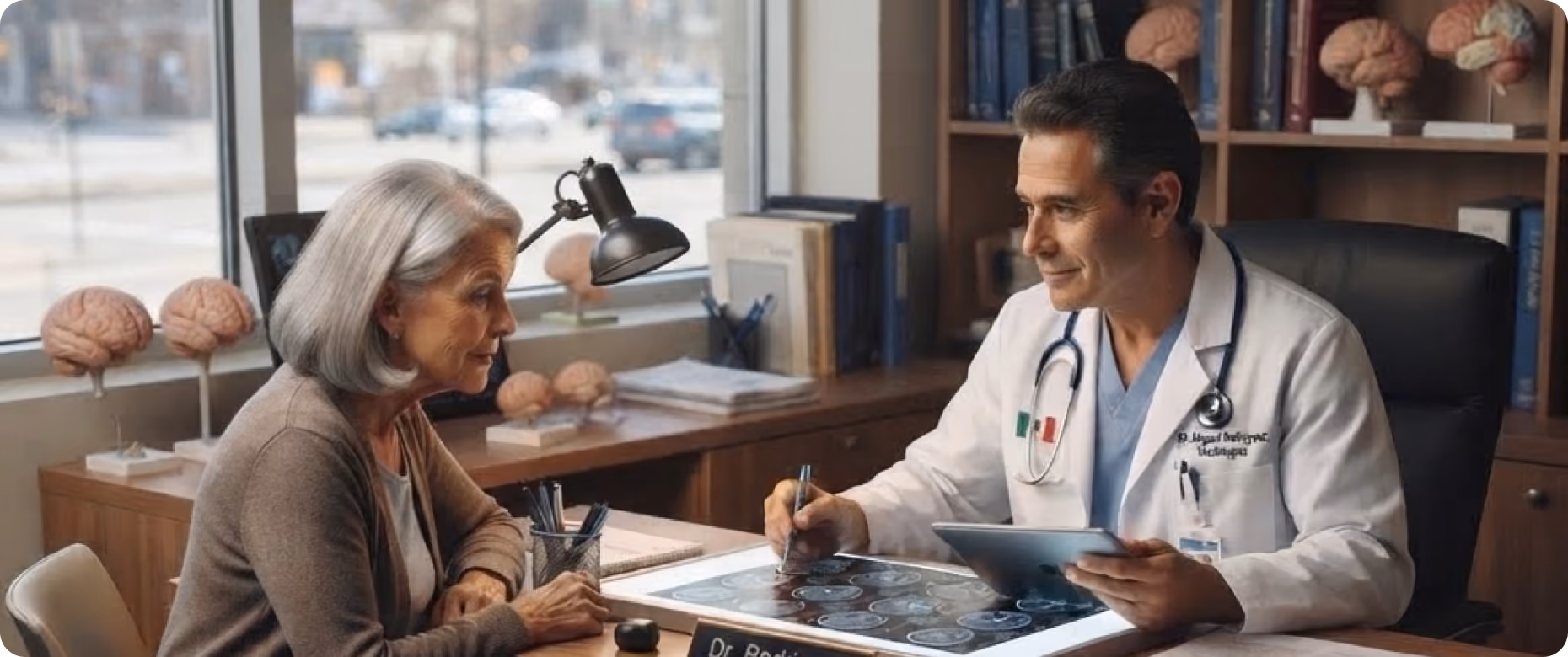 A neurologist in a white coat discusses brain scans with an elderly female patient in a medical office decorated with brain models and books.