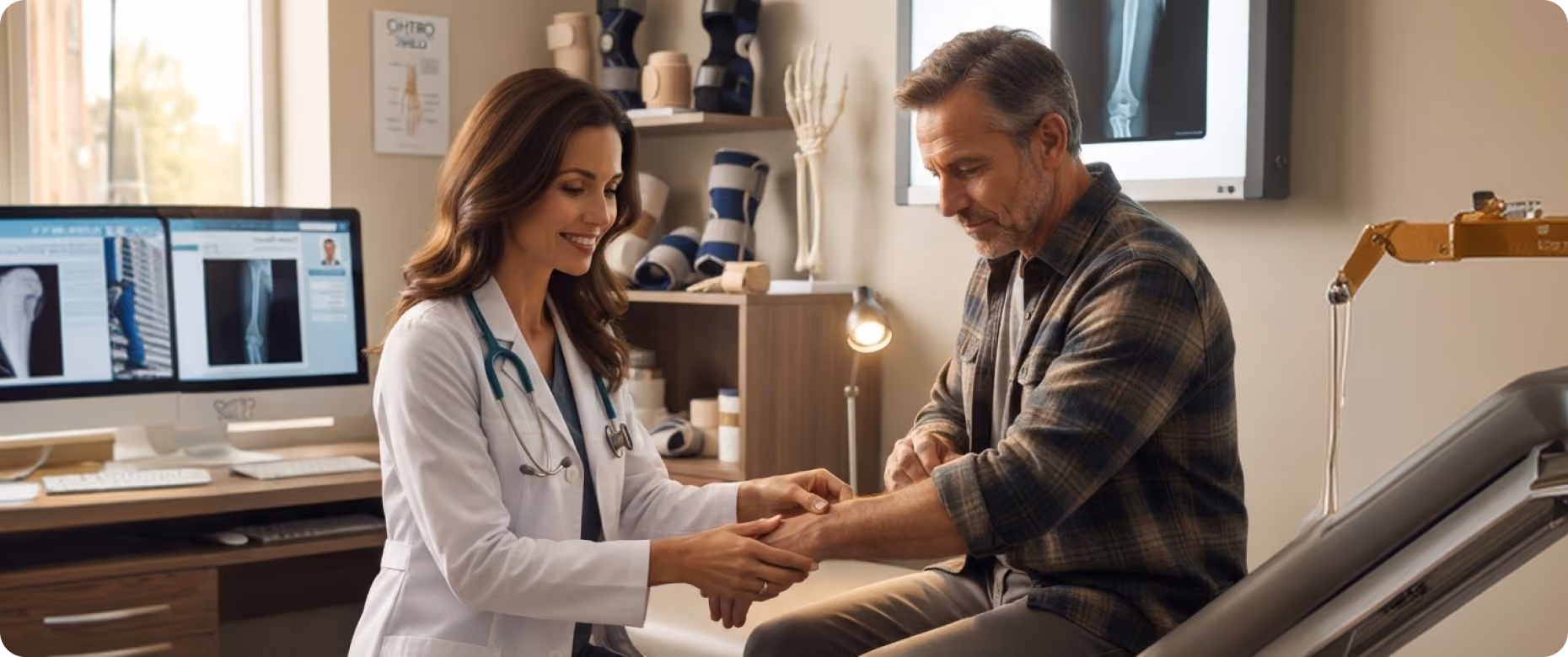 Female doctor in a white coat with a stethoscope examining the forearm of a middle-aged man sitting on a medical exam table in an orthopedic clinic, with bone X-rays on computer screens and orthopedic braces on shelves in the background.