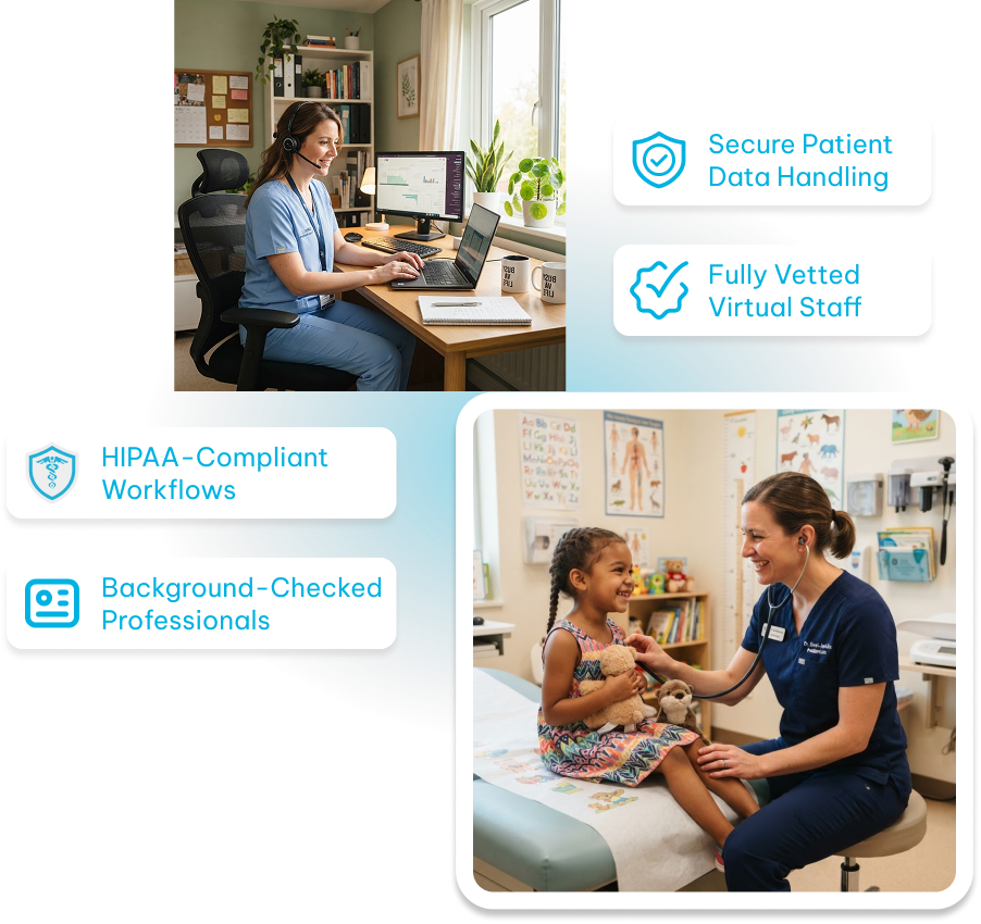 A medical professional in blue scrubs with a headset working on a laptop at a desk with plants and a calendar in the background. Below, a pediatrician in navy scrubs using a stethoscope on a smiling young girl sitting on an exam table holding stuffed animals in a colorful clinic room. Surrounding texts highlight features: 'HIPAA-Compliant Workflows,' 'Background-Checked Professionals,' 'Secure Patient Data Handling,' and 'Fully Vetted Virtual Staff.'