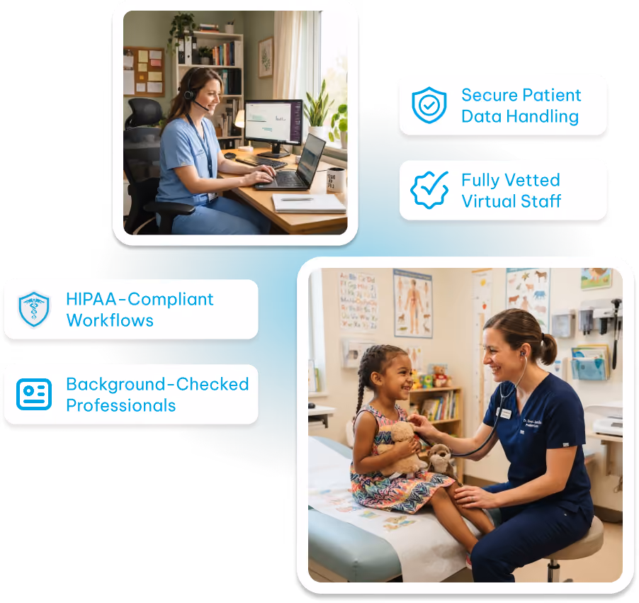 A medical professional in blue scrubs with a headset working on a laptop at a desk with plants and a calendar in the background. Below, a pediatrician in navy scrubs using a stethoscope on a smiling young girl sitting on an exam table holding stuffed animals in a colorful clinic room. Surrounding texts highlight features: 'HIPAA-Compliant Workflows,' 'Background-Checked Professionals,' 'Secure Patient Data Handling,' and 'Fully Vetted Virtual Staff.'