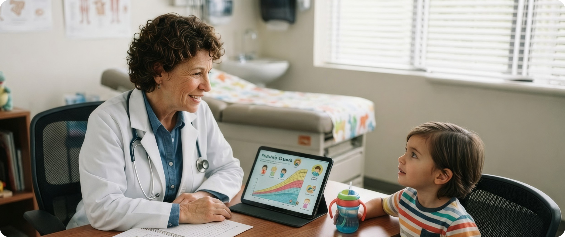 A female pediatrician with curly hair and a stethoscope smiles and talks to a young boy wearing a colorful striped shirt, sitting at a table in a medical office. On the table is a tablet showing a pediatric growth chart and a sippy cup. In the background is a medical exam table with a colorful animal-patterned cover and a window with blinds.