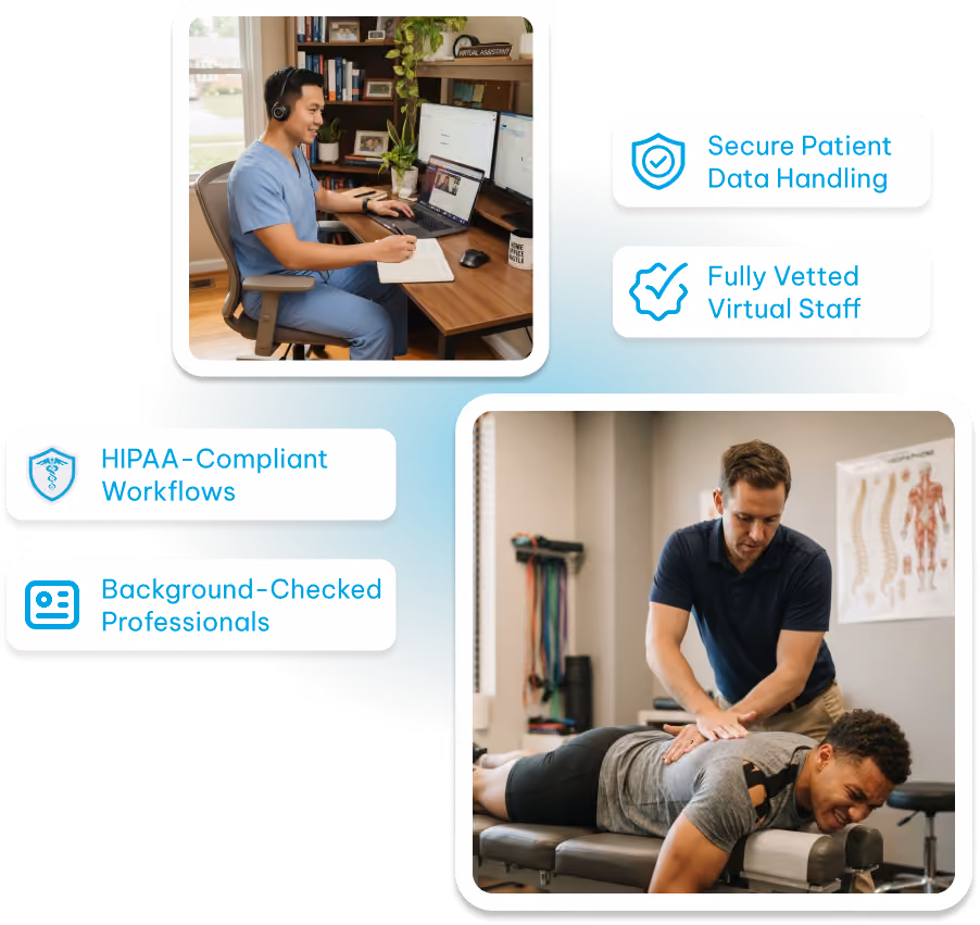 Top left: Healthcare worker in blue scrubs wearing headset and writing notes while working at a desk with two computer monitors and a laptop in a home office. Bottom right: Physical therapist pressing on the lower back of a smiling man lying face down on a treatment table in a clinic room with anatomy charts on the wall. Around the images are text boxes listing service features: Secure Patient Data Handling, Fully Vetted Virtual Staff, HIPAA-Compliant Workflows, and Background-Checked Professionals.