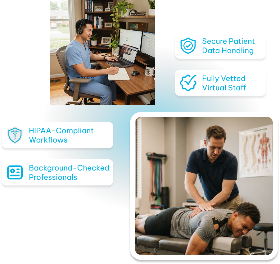 Top left: Healthcare worker in blue scrubs wearing headset and writing notes while working at a desk with two computer monitors and a laptop in a home office. Bottom right: Physical therapist pressing on the lower back of a smiling man lying face down on a treatment table in a clinic room with anatomy charts on the wall. Around the images are text boxes listing service features: Secure Patient Data Handling, Fully Vetted Virtual Staff, HIPAA-Compliant Workflows, and Background-Checked Professionals.