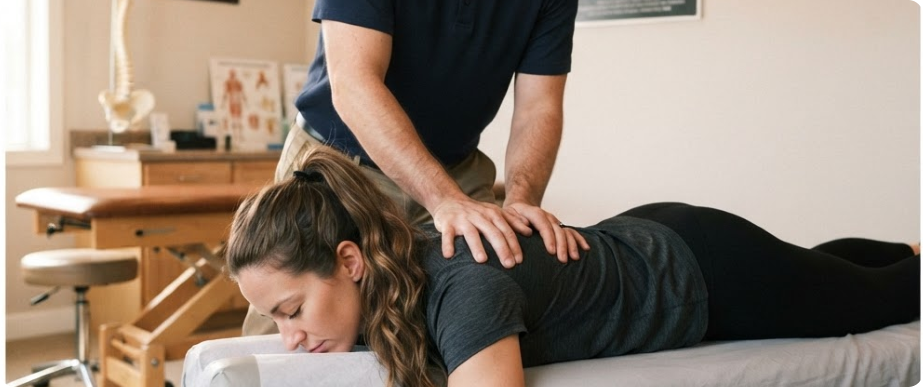 Chiropractor wearing a navy shirt performing a back adjustment on a woman lying face down on a treatment table in a clinic room with anatomical charts and a spine model in the background.